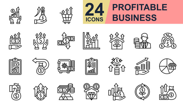 Profitable Business Icons set vector illustration. Containing Profit Chart, Money Growth, Capital Gain, Cash Flow, Market capitalization and more. Simple line icons collection.