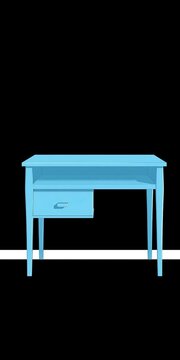Minimalist light blue desk illustration with two drawers on a black background, home office setup, graphic illustration
