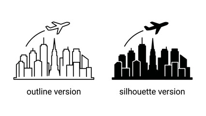 Fototapeta premium Airplane over Skyline: A modern city skyline depicted in both outline and silhouette, with an airplane soaring above, symbolizing travel and urban life.