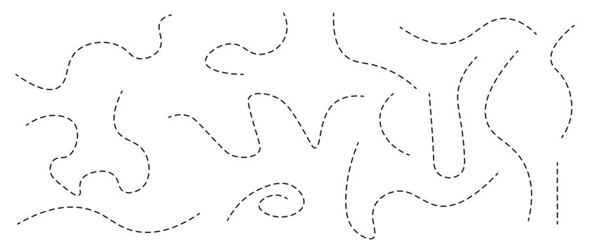 Set of abstract black dashed wavy lines and curved dotted path shapes vector illustration.