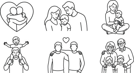 Family love line art vector set with parents child hugging couple grandparents grandchildren and shoulder ride illustrations