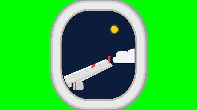 Stylized airplane window view with wing and clouds on green screen background for travel concepts