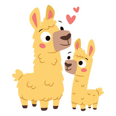 Fototapeta premium A cute llama stands with her baby. A flat vector illustration in a simple, child-friendly style . Vector illustration