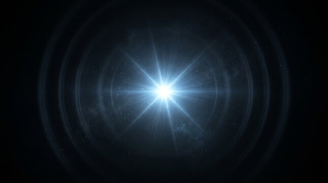 Brilliant blue starburst light flare glowing intensely in dark space surrounded by faint concentric rings and stardust