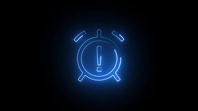 Neon blue alarm clock icon on dark background