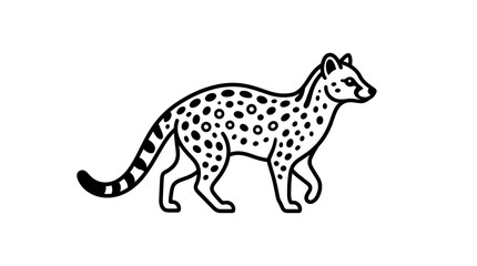 Obraz premium Black and white line art illustration of a spotted civet walking gracefully, showcasing its distinctive pattern and slender form.