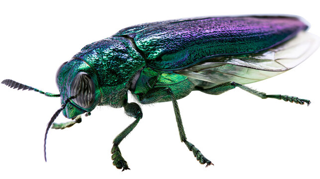 Metallic green and purple iridescent beetle with wings