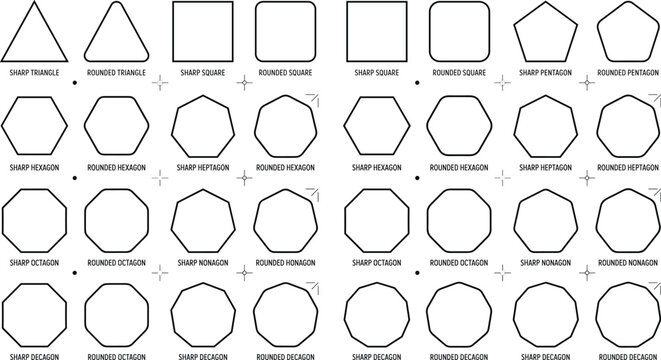 Geometric basic polygon line art vector set with sharp and rounded triangle square pentagon hexagon octagon corner icons