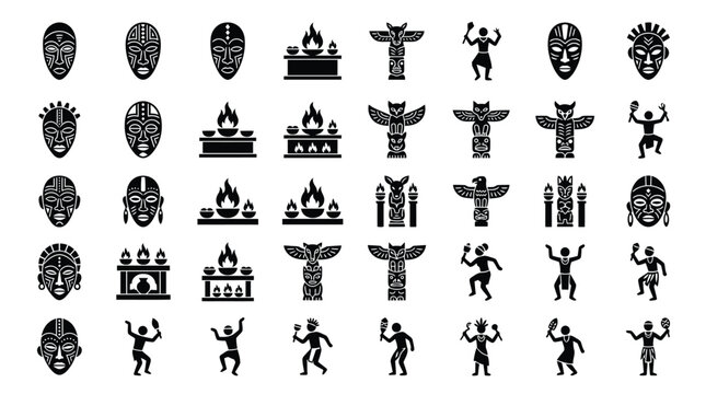 Tribal culture icon set featuring African masks with geometric patterns, indigenous animal totem poles, ceremonial fire altars, and silhouette figures performing ritual dances.