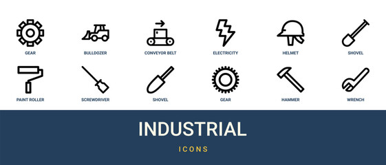 Set of 12 outline web Industrial icons such as wrench, hammer, gear, shovel, screwdriver, paint roller, shovel vector icons for report, presentation, diagram, web design, mobile app © Mason
