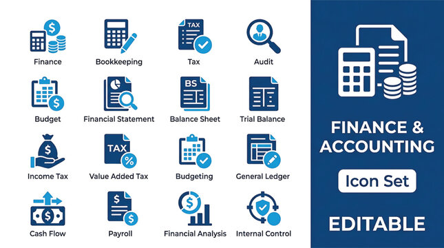 Finance and accounting icon set for bookkeeping and tax management