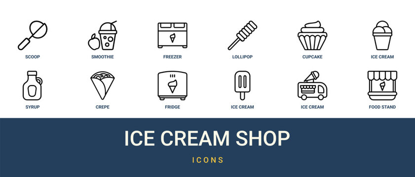 Set of 12 outline web Ice Cream Shop icons such as food stand, ice cream car, from ice cream shop collection. Thin such as collection, food. for use on web and mobile apps, logo, print media.,