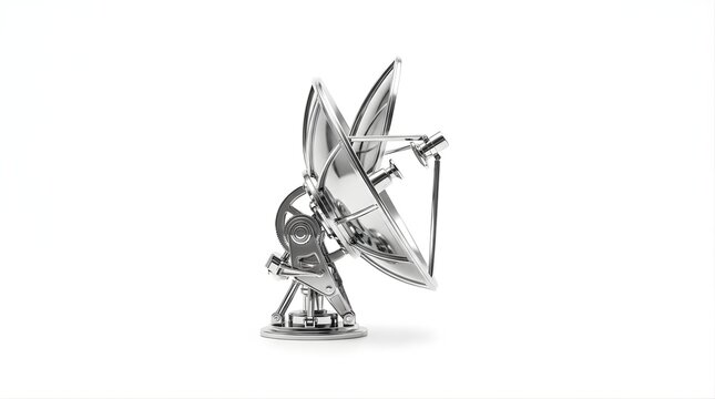 Shiny metallic satellite dish antenna isolated on white background
