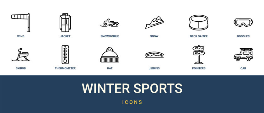 Set of 12 outline web Winter Sports icons such as car, pointers, jibbing, hat, thermometer, skibob, goggles vector icons for report, presentation, diagram, web design, mobile app