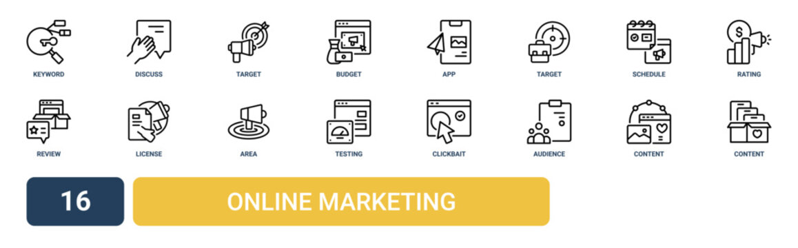 Set of 16 outline web Online Marketing icons such as content, content, audience, clickbait, testing, area, license vector icons for report, presentation, diagram, web design, mobile app
