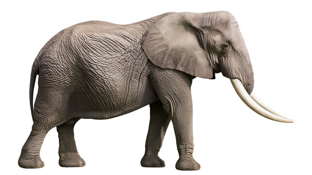 African elephant with large tusks and wrinkled grey skin