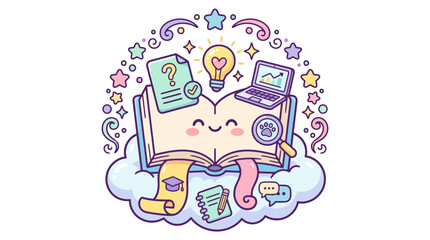 Fototapeta premium Kawaii open book with lightbulb and laptop icons.