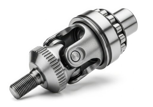Close-up of a metal ball joint with threaded bolt isolated on white background