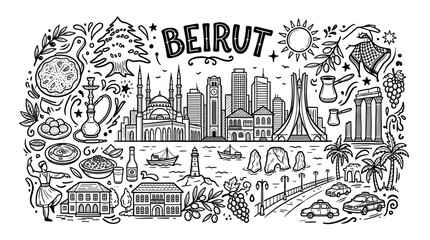Fototapeta premium Beirut Lebanon Travel Cityscape in Black and White Doodle Line Art Style