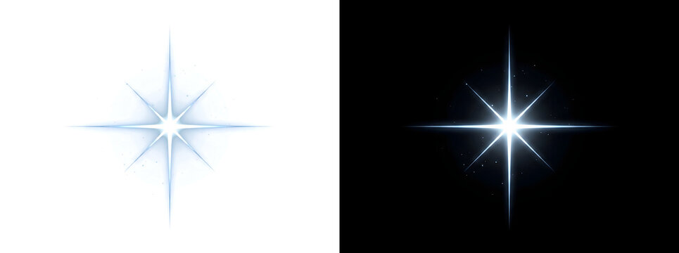 Bright shining star with sparkling light burst and eight pointed rays ideal for holiday banners PNG, Transparent and Black Background Versions for design use
