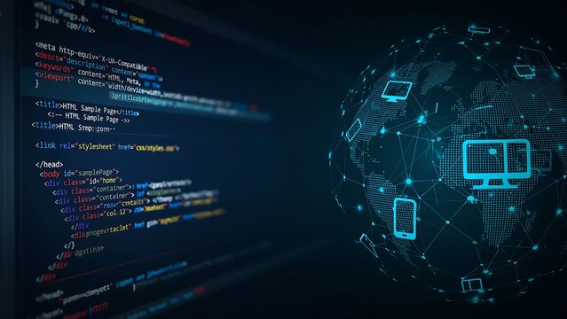 Global Technology Network and Computer Coding Background with Digital Data, AI Programming and Cyber Innovation