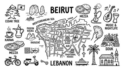 Obraz premium Beirut Lebanon Travel Cityscape in Black and White Doodle Line Art Style