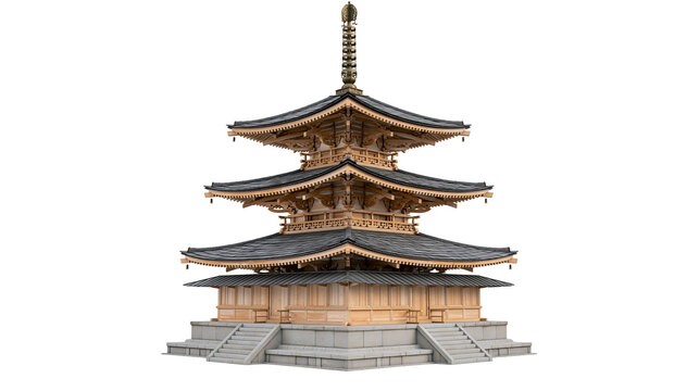 Japanese wooden pagoda with tiered roofs and stone base