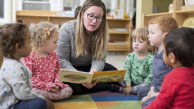 Teacher engaging young children in interactive storytime at a colorful daycare