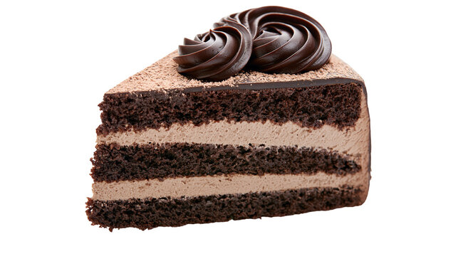 Rich chocolate cake slice with creamy filling and chocolate frosting