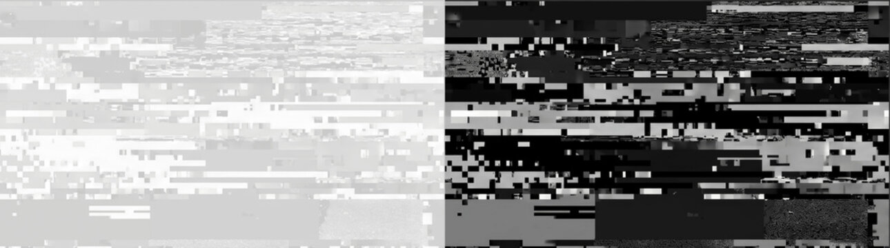 Abstract white digital glitch texture with horizontal geometric noise, data corruption effect and pixel distortion, modern minimalist background for technology interface, web design, and creative