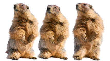 Three marmots standing upright on hind legs, looking up © Sylas