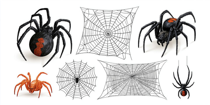 Collection Of Isolated Spiders And Spiderwebs On A White Background arachnid arachnids black widow brown