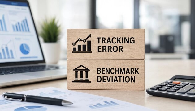 Conceptual image showing tracking error and benchmark deviation with financial analysis tools and documents