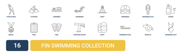 Set of 16 outline web Fin Swimming Collection icons such as swimming suit, whistle, swmming pool, buoy, starting block, fins, task vector icons for report, presentation, diagram, web design, mobile © Mason