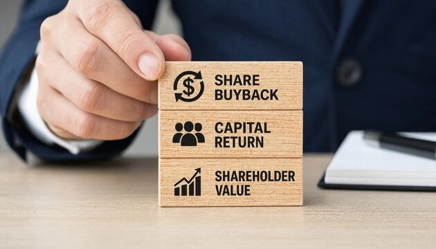 Professional hand pointing at wooden blocks illustrating share buyback capital return and shareholder value concepts on desk