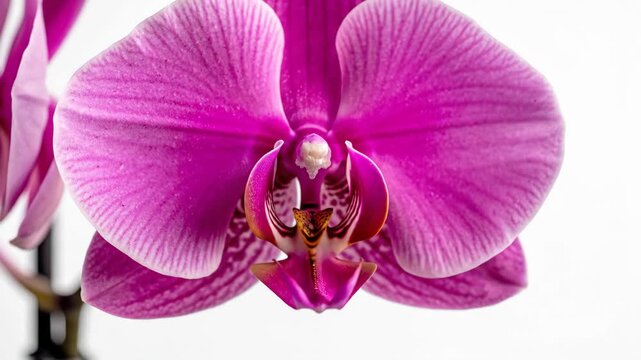 Macro closeup of a vibrant pink orchid flower, showing detailed petal texture.