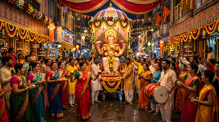 Fototapeta premium Lord Ganesha festival procession through a crowded city street.