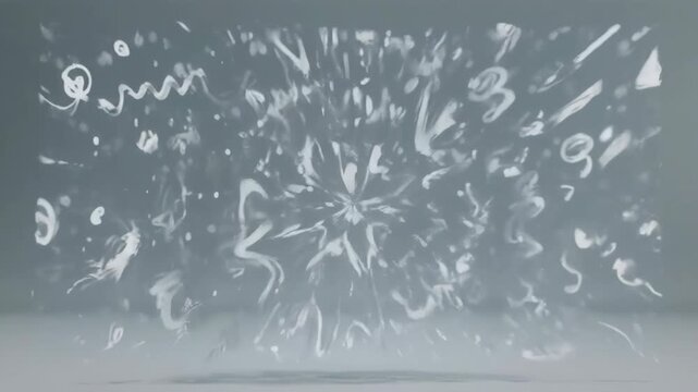 White Symbols and Numbers Floating with Subtle Motion Against a Soft Gray Background