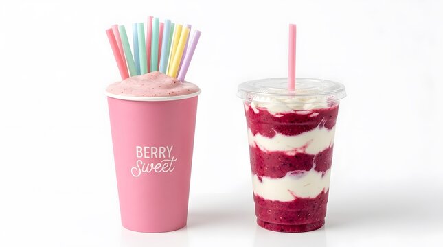 Two tall plastic cups filled with delicious layered berry yogurt smoothie and colorful drinking straws isolated on a clean white background for design