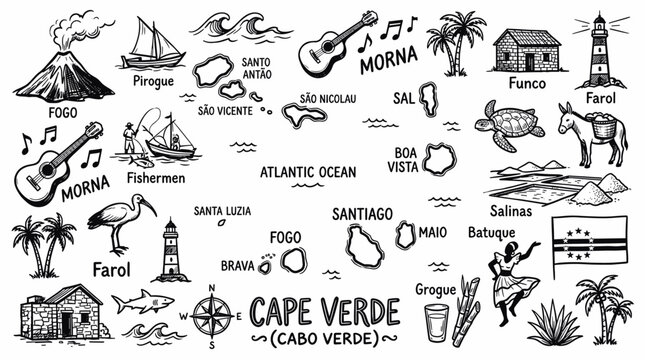 Cape Verde Island Map and Culture in Black and White Doodle Line Art Style