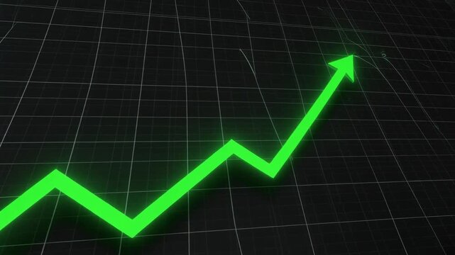 Bright green upward arrow on dark grid background, symbolizing growth, success, and positive progress in business or financial performance.