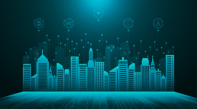 Smart city technology. Future technology city architecture concept. Digital hi-tech city design. Technology city background.
