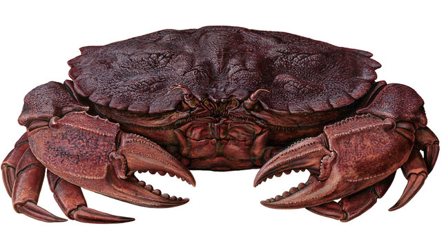 Large dark red crab with prominent claws and textured shell