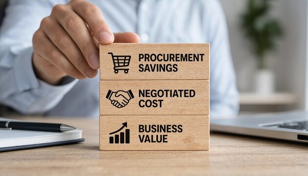 Person stacking wooden blocks illustrating procurement savings negotiated cost and business value on office desk