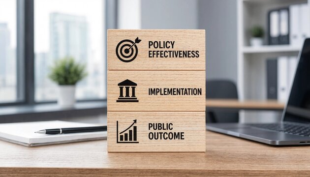 Wooden blocks illustrating key stages of policy development with icons for effectiveness implementation and public outcome on office desk