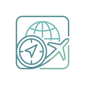 Global aviation icon with plane compass and globe.