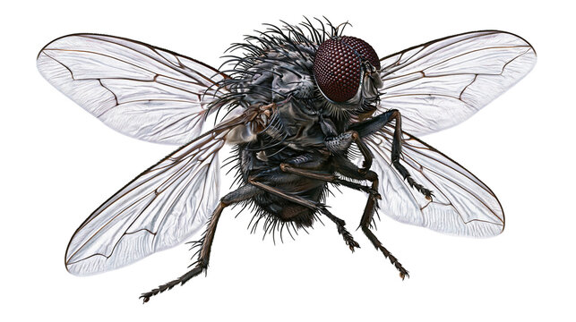 Detailed macro view of a dark gray hairy fly with large compound eyes and wings