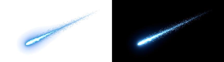 Blue glowing comet shooting star with sparkling particle trail ideal for cosmic banners PNG, Transparent and Black Background Versions for design use © Graphic Assets