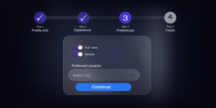 Modern glassmorphism UI onboarding wizard, dark mode job application progress bar, 4 step registration form vector for web and mobile apps