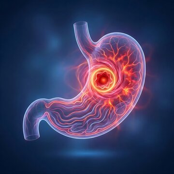 Stomach Ulcer : stomach is depicted with realistic internal folds (rugae), vibrant red inflammation, and a subtle glowing effect around the ulcer to highlight the severity